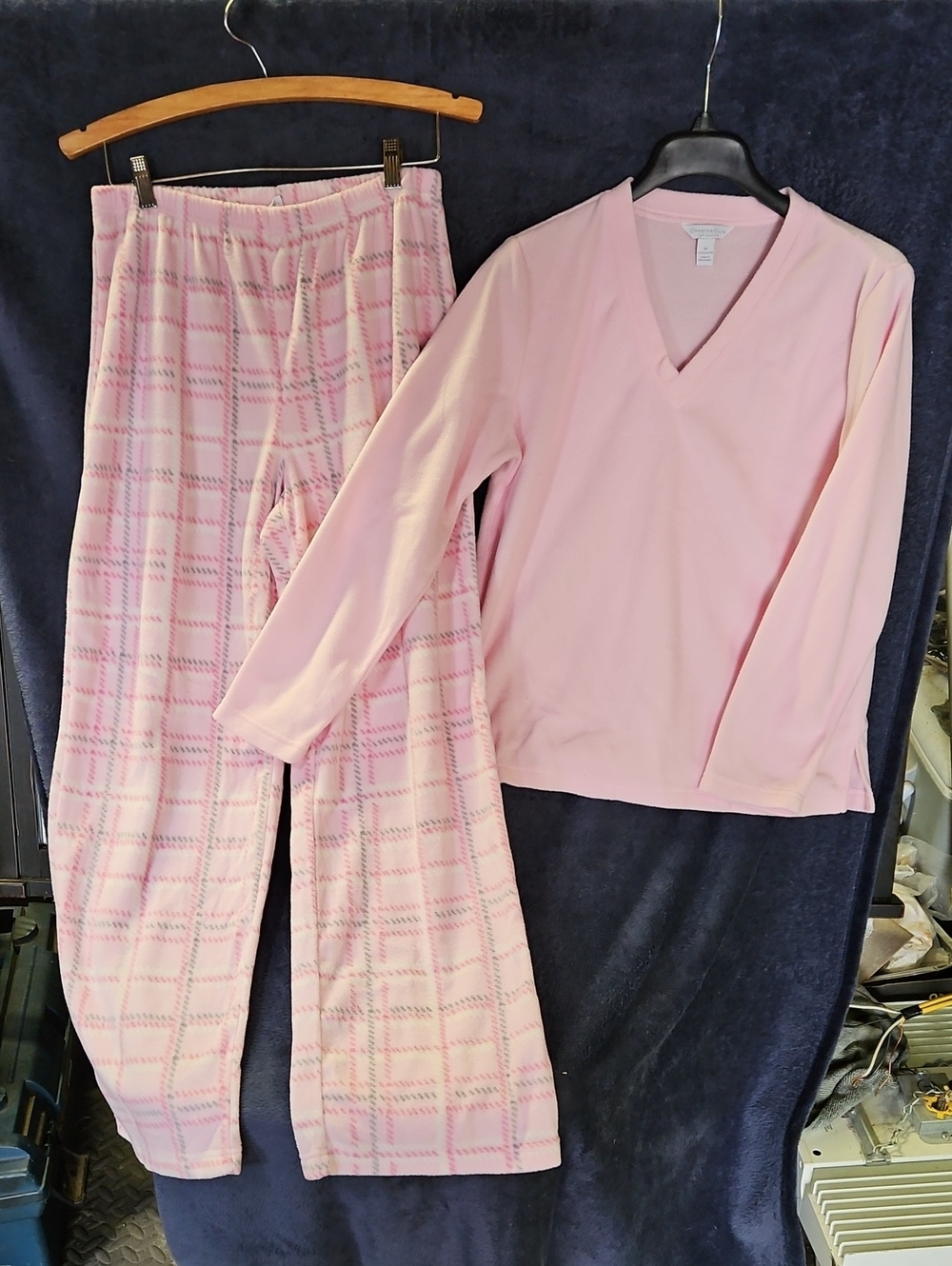 Charter Club Pink V-Neck Long Sleeve Top with Pink Plaid Lounge Pants